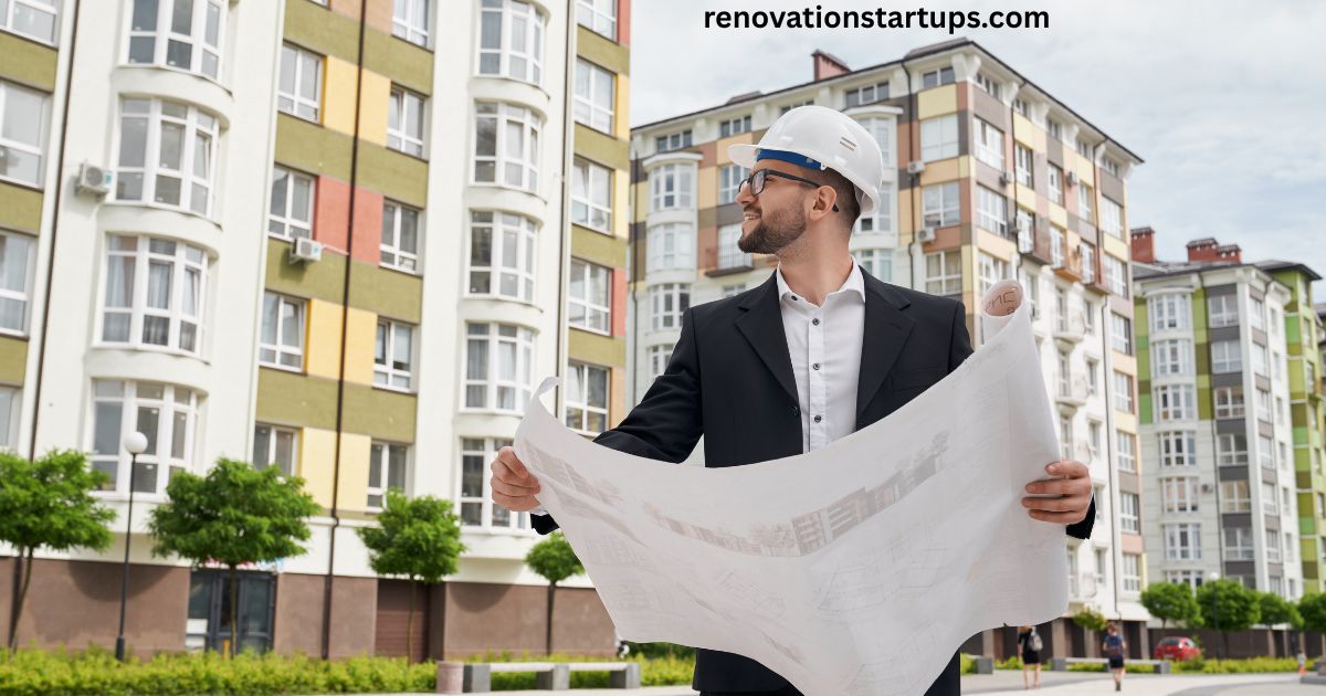 Man in a hard hat and suit reviewing property blueprints outside a row of multi-storey apartment buildings, representing Winnipeg property assessment and building valuation.