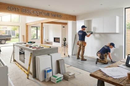 A photorealistic wide-angle photograph of an interior home renovation project in progress. Under a prominent wooden ceiling beam displaying the address "4011 BRICKSTONE MEWS," two professional renovators work on installing minimalist white kitchen cabinets and large grey floor tiles. Tools, levels, blueprints on a rustic table with coffee, and a laptop showing data are spread across the open-plan site. In the background through a large sliding door, a branded RenovationStartups.com work truck is visible in the garden. The image includes a "renovationstartups.com" watermark in the bottom-right corner.