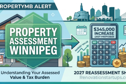 An infographic illustrating the property assessment Winnipeg process. The graphic shows a house, a digital calculator with a prominent "2027 Proposed Increase," stacks of coins, and a computer screen. The central banner states "PROPERTY ASSESSMENT WINNIPEG," emphasizing the connection between assessment and tax burden.