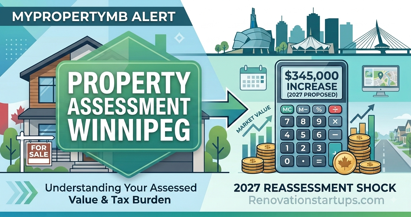 An infographic illustrating the property assessment Winnipeg process. The graphic shows a house, a digital calculator with a prominent "2027 Proposed Increase," stacks of coins, and a computer screen. The central banner states "PROPERTY ASSESSMENT WINNIPEG," emphasizing the connection between assessment and tax burden.