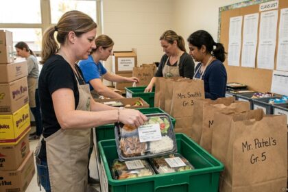 A candid, scroll-stopping photo of a cheerful parent volunteer handing a labeled brown paper bag to an eager elementary school student in a bustling school cafeteria during a 'Healthy Hunger' lunch day. Organized stacks of various meal containers (like a sandwich box with fresh fruit, and pasta salad) are visible on tables, alongside clear signage for 'ORDER LISTS' and restaurant partners, capturing the scale and impact of the fundraising program. A small watermark, "renovationstartups.com", is visible in the corner.