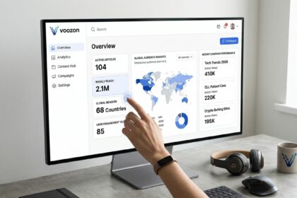A modern desktop computer screen displaying the data-driven Voozon.com platform dashboard, featuring a global map for 'Global Audience Insights' and key metrics like 'Active Articles' and 'Weekly Reach.' The 'Recent Campaign Performance' panel lists 'Tech Trends 2026' and 'CLL Patient Care' with viewer counts, indicating a powerful digital media analytics tool for content creators.