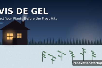 Avis de gel warning at dawn — frosted garden plants beside a cozy home before frost hits
