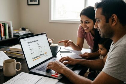 Couple using an online CRS score calculator on a laptop to estimate Express Entry points for Canada immigration