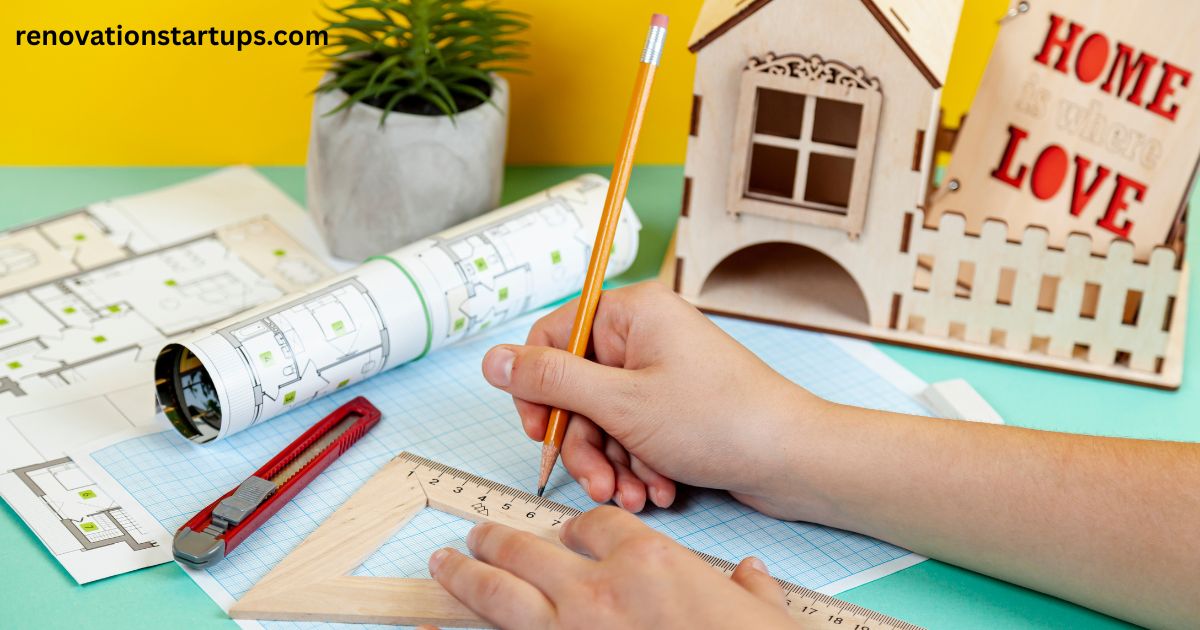 Miniature house model, stacked coins, keys, and a blueprint representing full house renovation cost planning and budgeting.