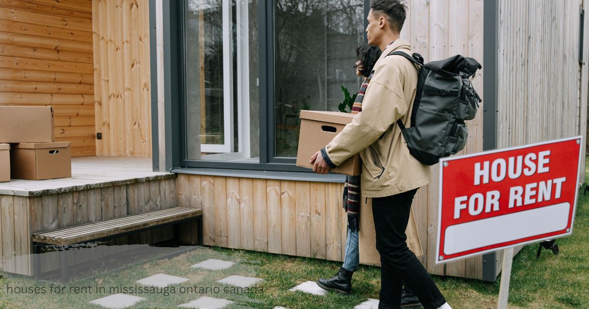 Red house for rent sign in front of people touring potential houses for rent in Mississauga Ontario Canada
