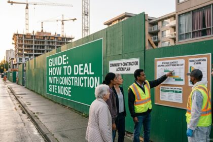 A construction site fence with a green sign that reads 'GUIDE: HOW TO DEAL WITH CONSTRUCTION SITE NOISE'. An excavator and a worker are visible behind the fence, with residential apartment buildings in the background. A woman wearing headphones and walking a dog is on the sidewalk, with a website watermark 'renovationstartups.com' at the bottom right.