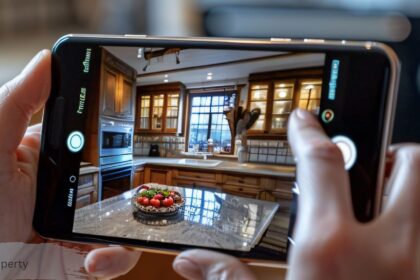 Person using a smartphone to photograph a kitchen interior for an IG property real estate listing
