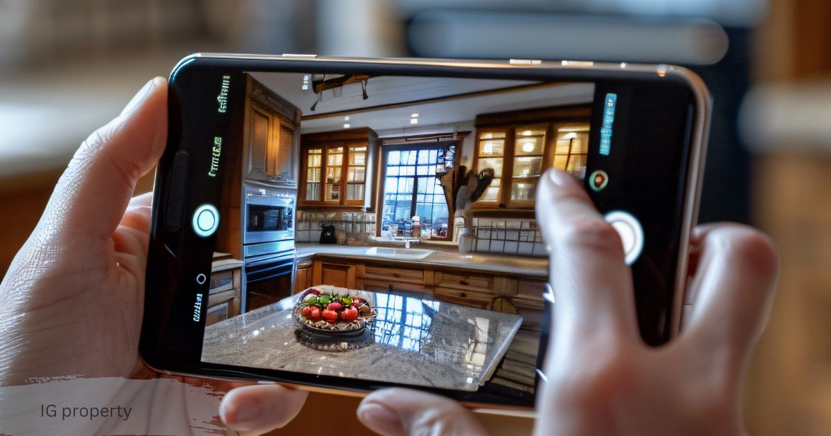 Person using a smartphone to photograph a kitchen interior for an IG property real estate listing