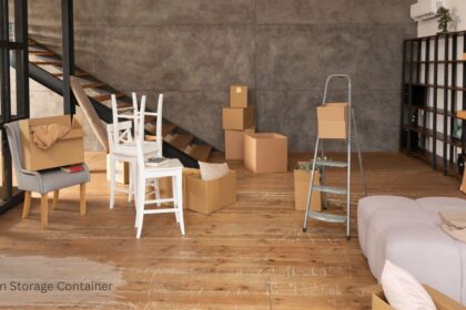 Renovation storage container prep — packed boxes and furniture staged during a home remodel