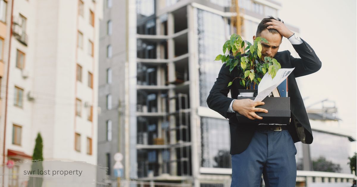 Stressed businessman carrying office box and plant, illustrating the frustration of dealing with SWR lost property