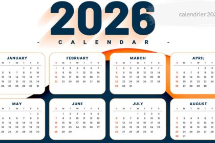 Calendrier 2026 showing January to August months with dates and weekdays