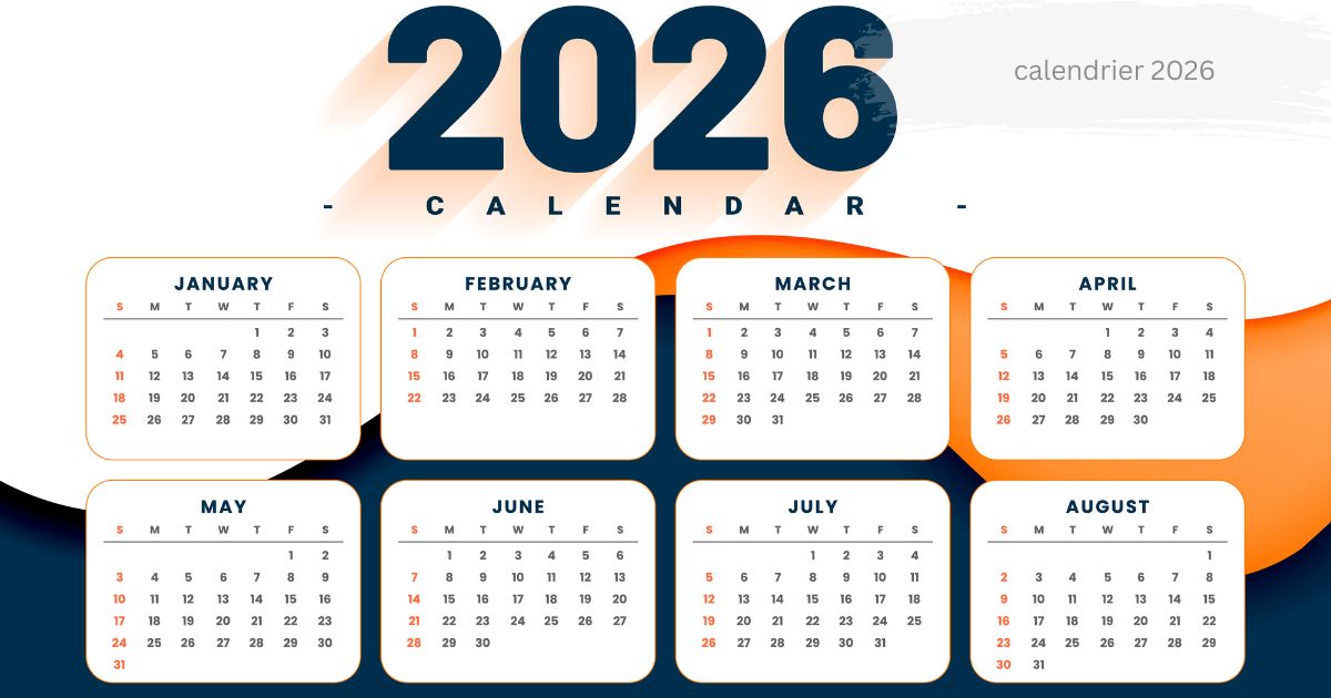 Calendrier 2026 showing January to August months with dates and weekdays