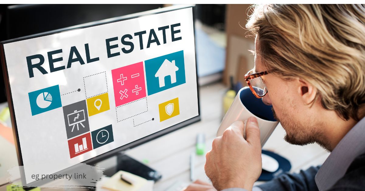 Man reviewing EG Property Link real estate data and commercial property icons on a computer screen