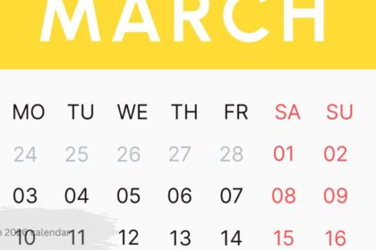March 2026 calendar with dates and weekdays displayed in a yellow and white grid design