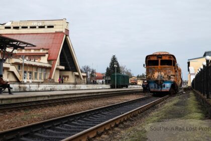 Southern Rail Lost Property office platform with abandoned rusted train and station building