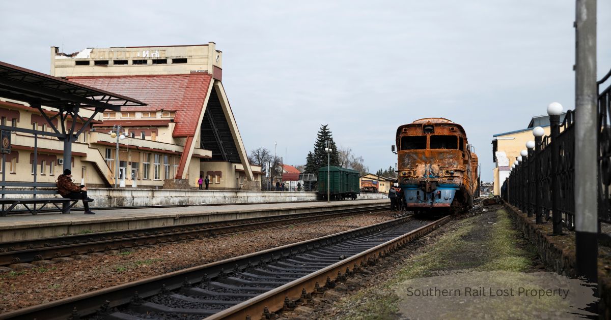 Southern Rail Lost Property office platform with abandoned rusted train and station building