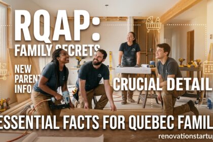 A blog post header image featuring a four-person, diverse construction team cheerfully installing a wooden floor in a house under renovation. Large overlay text reads: 'RQAP: FAMILY SECRETS,' 'NEW PARENT INFO,' 'CRUCIAL DETAILS,' and '7 ESSENTIAL FACTS FOR QUEBEC FAMILIES,' with baby cradle and calendar icons. The 'renovationstartups.com' watermark is in the bottom right.