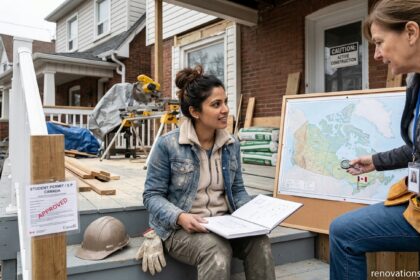 Student holding approved S P Canada permit during Canadian home renovation project on renovationstartups.com