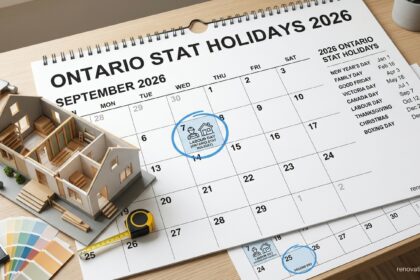 An overhead photograph showing a precise desk arrangement designed for planning home renovations around the Stat Holidays Ontario 2026.