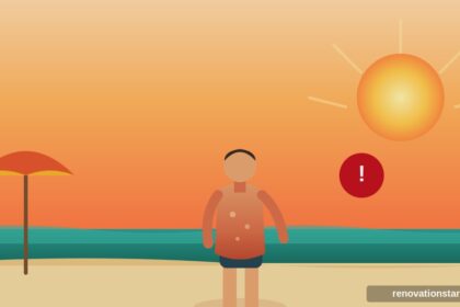 Illustration of a sunburned person on the beach under intense sun, symbolizing sun poisoning risk