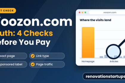 Voozon.com traffic check graphic with a tall homepage bar, tiny article bars and four checks before you pay