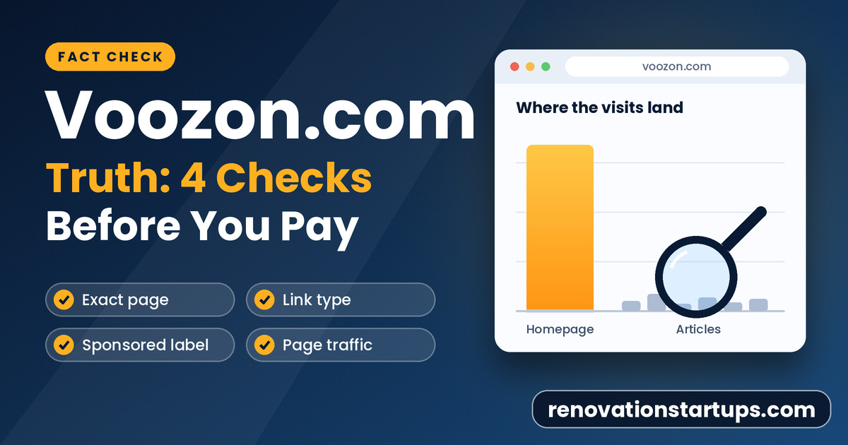 Voozon.com traffic check graphic with a tall homepage bar, tiny article bars and four checks before you pay