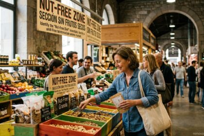 A woman is shopping at a nut-free food stall within a bustling marketplace, illustrating the "what is nut free diet" keyword concept for safe food choices. The image displays legible "Nut-Free Zone" signs and bulk bins of products like granola. The website watermark "renovationstartups.com" is visible in the bottom corner.
