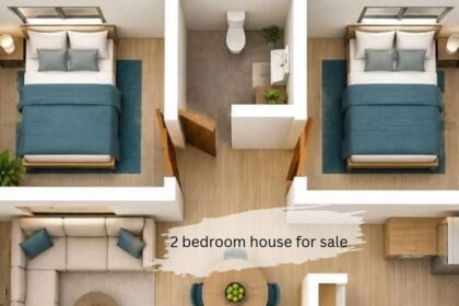2 bedroom house for sale floor plan with two bedrooms, a shared bathroom, a living room, and a dining area