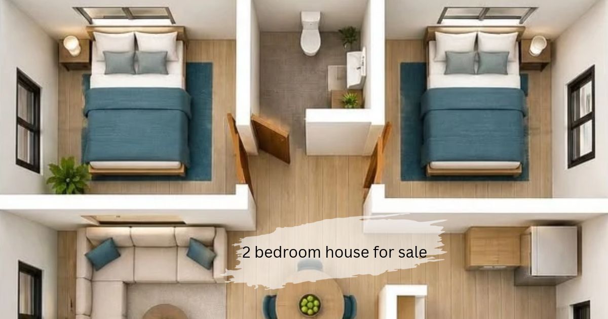 2 bedroom house for sale floor plan with two bedrooms, a shared bathroom, a living room, and a dining area