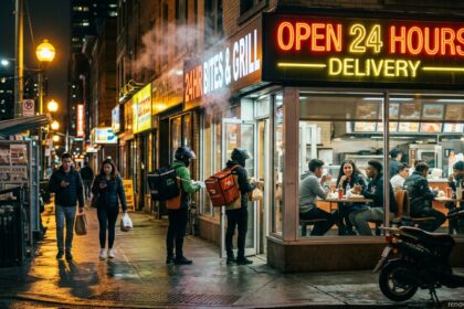 A vibrant late-night city street featuring a brightly lit 24-hour restaurant with glowing neon signs, people dining inside, and food delivery drivers waiting outside for late-night food options near me