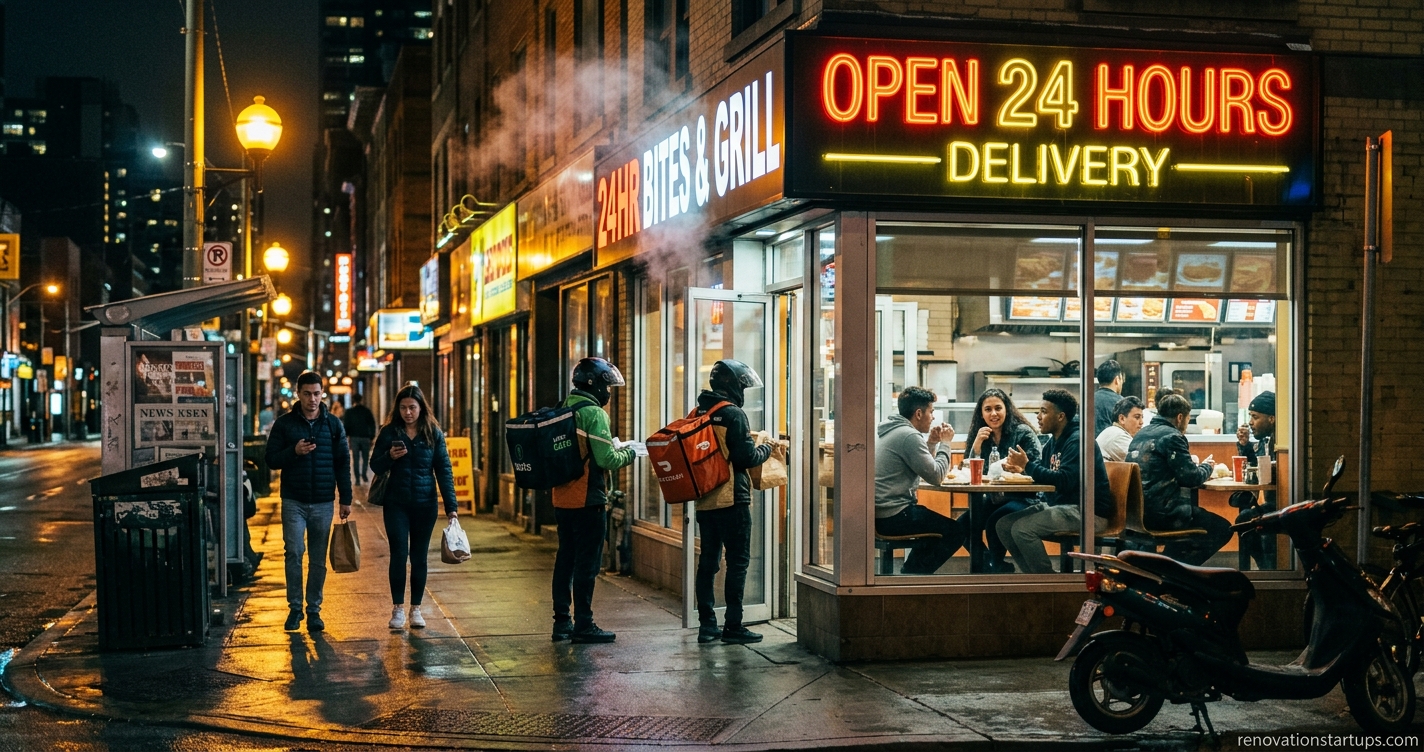 A vibrant late-night city street featuring a brightly lit 24-hour restaurant with glowing neon signs, people dining inside, and food delivery drivers waiting outside for late-night food options near me