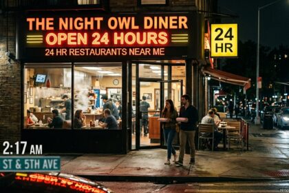 Cozy 24 hour diner glowing at night with people walking out with takeout containers, representing top late-night 24 hour restaurants near me.