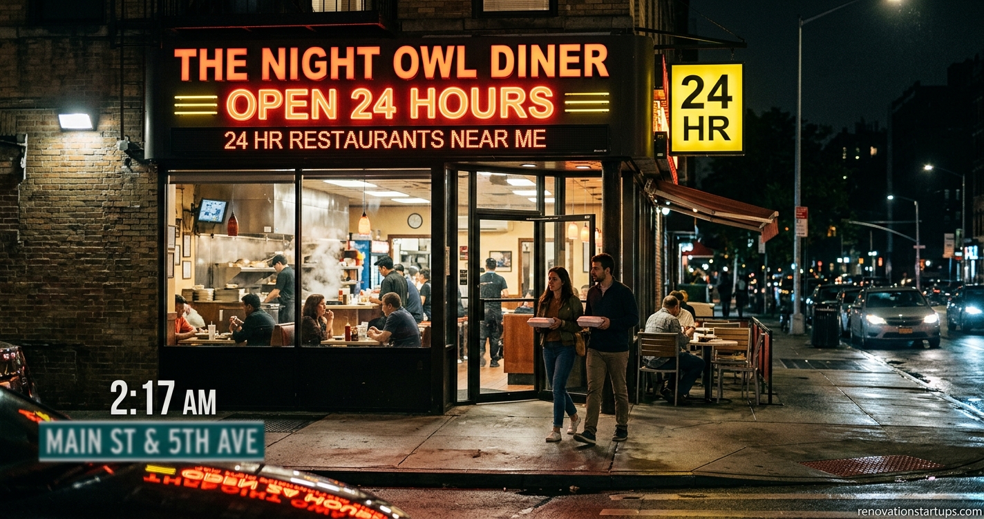 Cozy 24 hour diner glowing at night with people walking out with takeout containers, representing top late-night 24 hour restaurants near me.