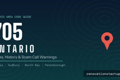 705 Ontario area code guide graphic showing Barrie, Sudbury, North Bay and Peterborough coverage with scam call warning icon