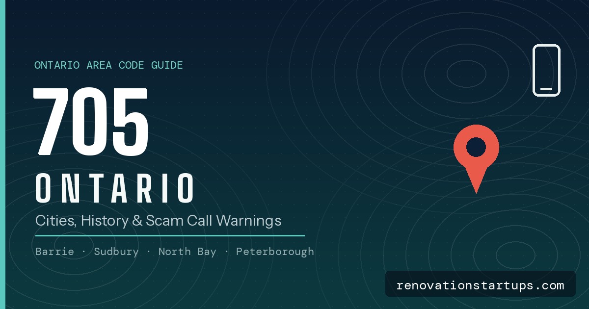 705 Ontario area code guide graphic showing Barrie, Sudbury, North Bay and Peterborough coverage with scam call warning icon