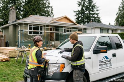 A team of British Columbia renovators on-site, discussing blueprints near a work truck labeled with a 778 area code phone number, representing localized home renovation services in BC.