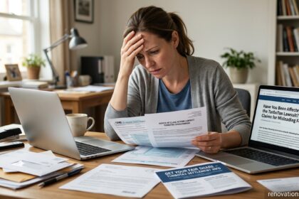 Stressed homeowner reviewing IRS tax forms and official class action legal notices regarding the TurboTax lawsuit at a home office desk.