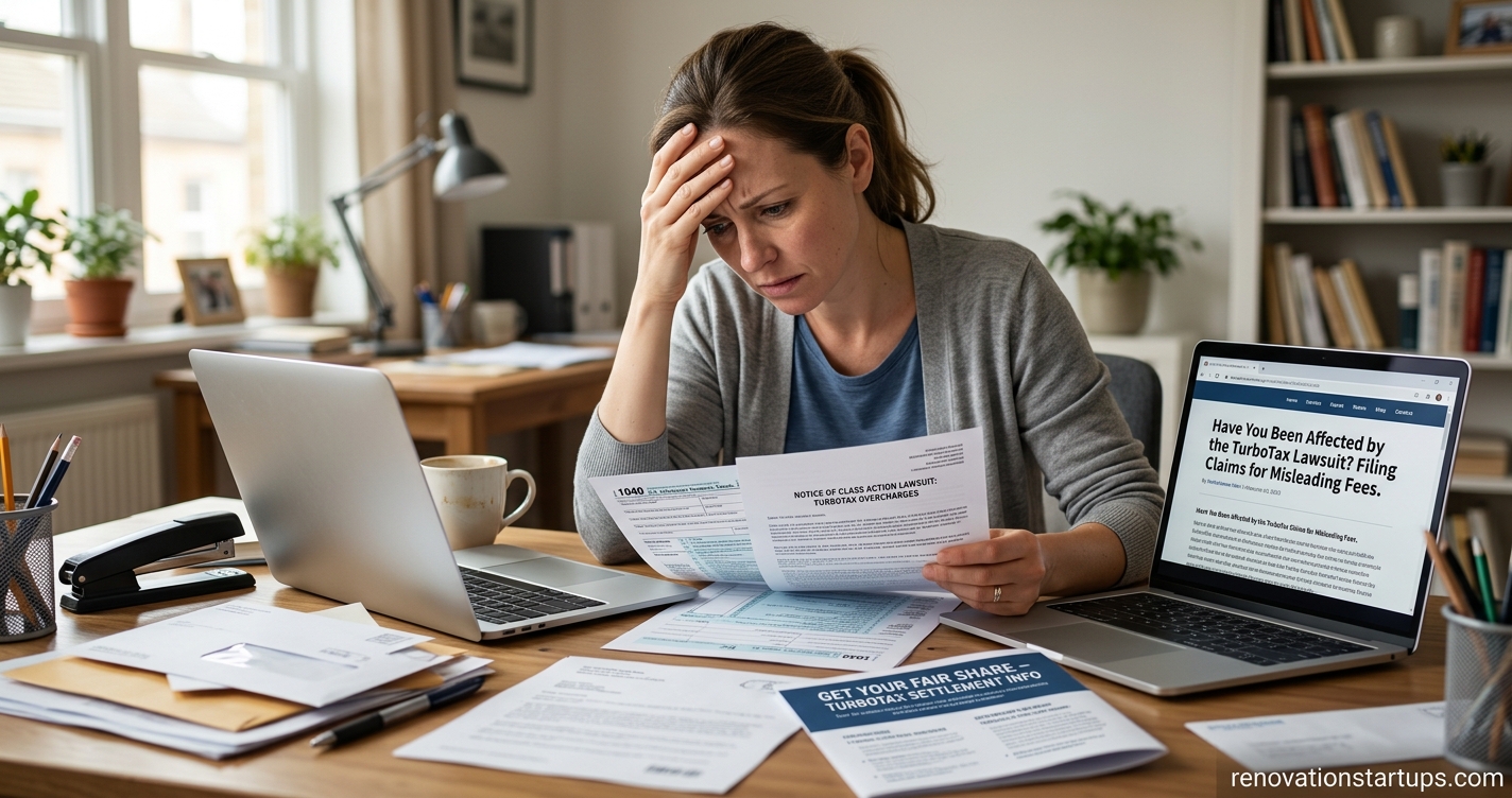 Stressed homeowner reviewing IRS tax forms and official class action legal notices regarding the TurboTax lawsuit at a home office desk.