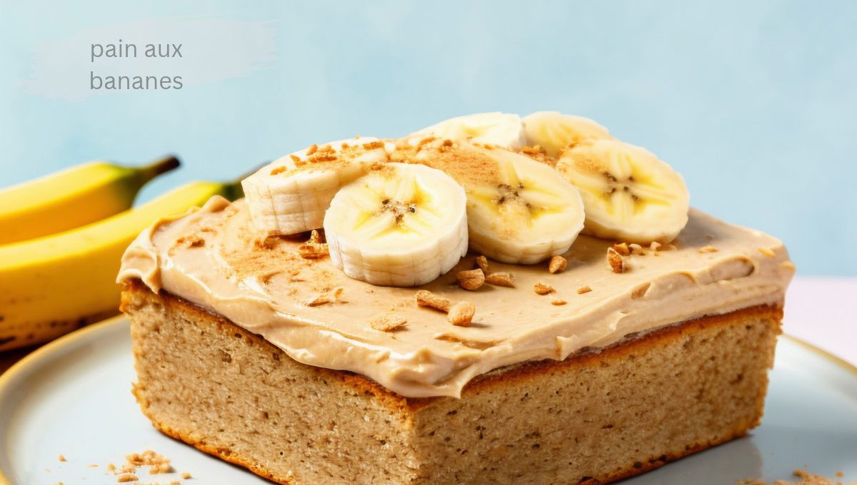 A slice of banana cake with smooth icing, topped with fresh banana slices on a white plate’ Pain Aux Bananes’.