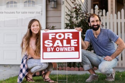 A smiling woman crouching in front of a house next to a red "For Sale By Owner" sign.’Affordable Houses for Sale Near Me’