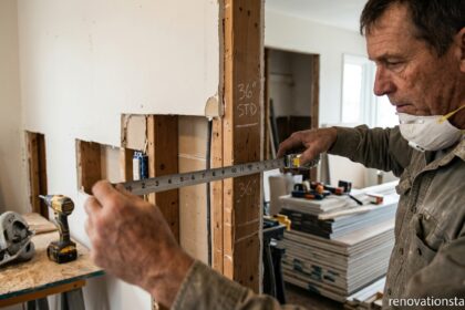 Contractor using a measuring tape to check the standard average door width during a home interior frame renovation.