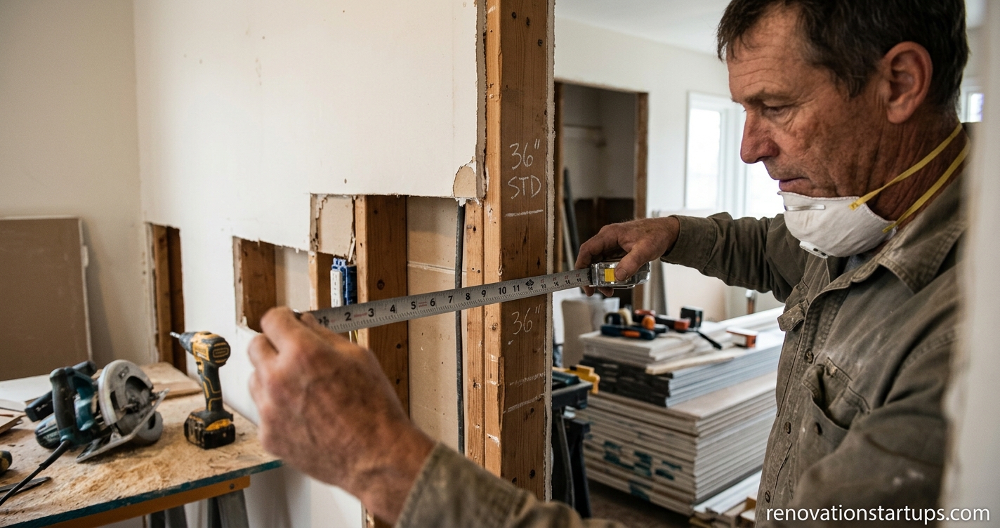 Contractor using a measuring tape to check the standard average door width during a home interior frame renovation.
