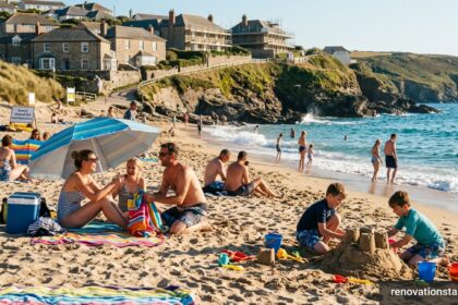 Sunny coastal beach near me with beachgoers, ocean waves, and seaside house renovations in the background.