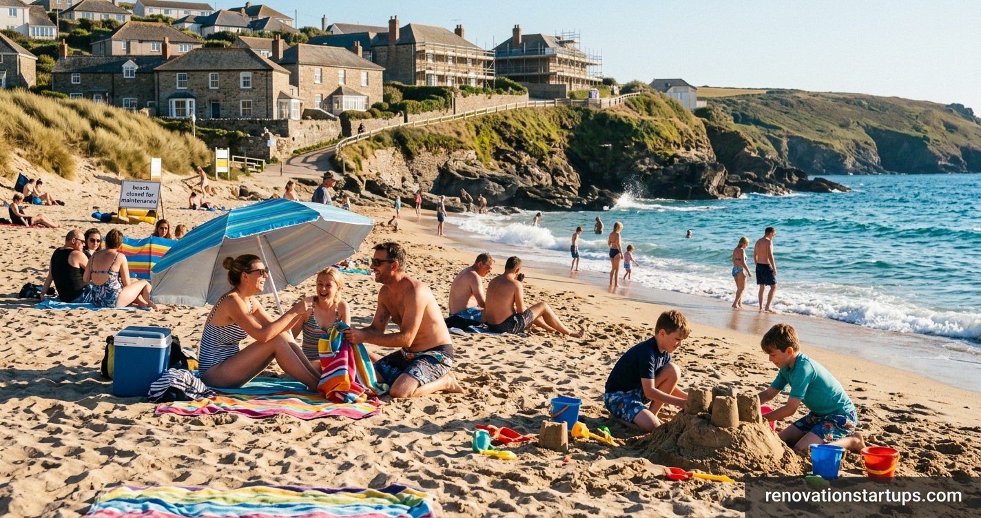 Sunny coastal beach near me with beachgoers, ocean waves, and seaside house renovations in the background.