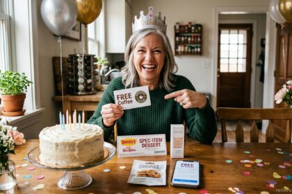 Happy woman celebrating at home sitting in a modern kitchen surrounded by popular birthday freebies, coupons, free coffee, and a slice of cake.