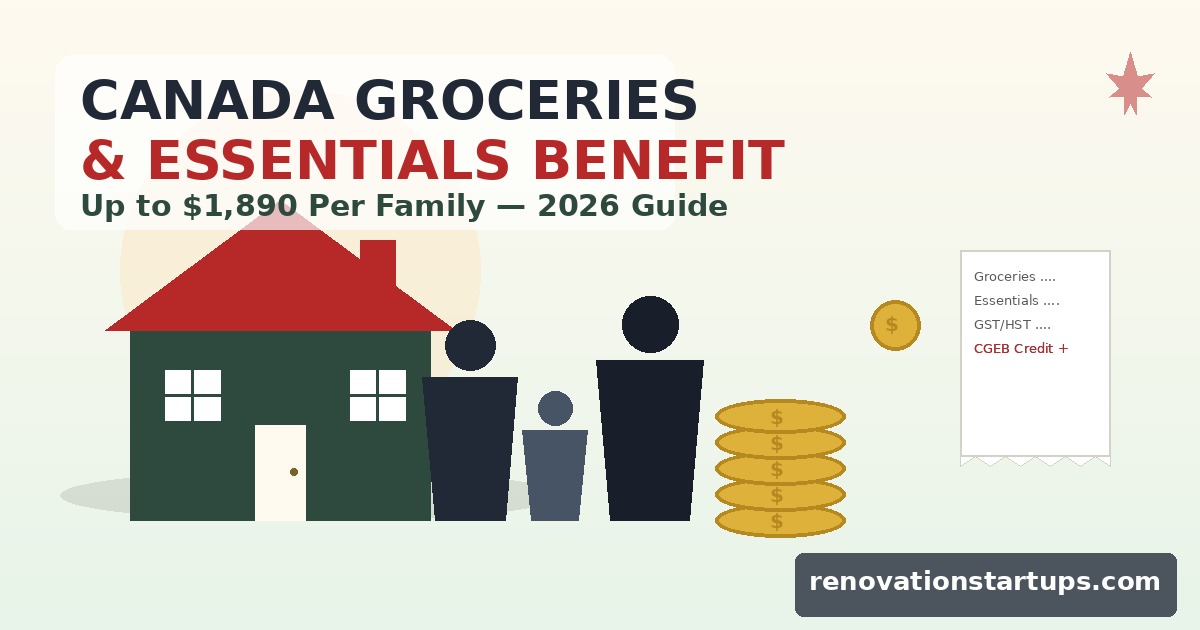Canada Groceries and Essentials Benefit guide showing a family, house, coins, and grocery receipt representing the $1,890 CRA payment for 2026