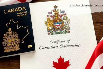 A Canadian passport and Certificate of Canadian Citizenship laid on a wooden table with Canadian and American flags, captioned 'canadian citizenship test practice.'