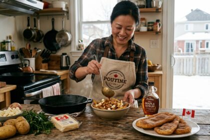 A complete table spread of iconic Canadian foods including hot poutine, maple syrup, and beaver tail pastries prepared in a modern home kitchen.