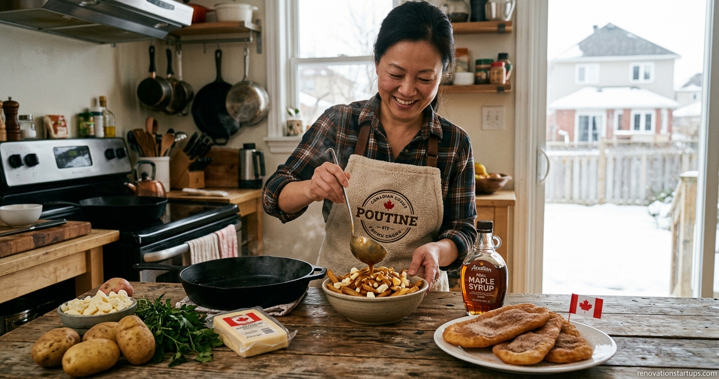 A complete table spread of iconic Canadian foods including hot poutine, maple syrup, and beaver tail pastries prepared in a modern home kitchen.